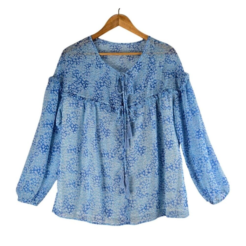 Boho Peasant Tunic Top Ruffeled Yoke Full Sleeves Sz L Blue Floral Granny Core